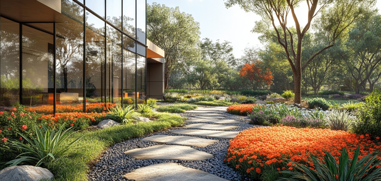 Professional landscape designing a corporate campus, marrying aesthetics with ESG environmental responsibility.