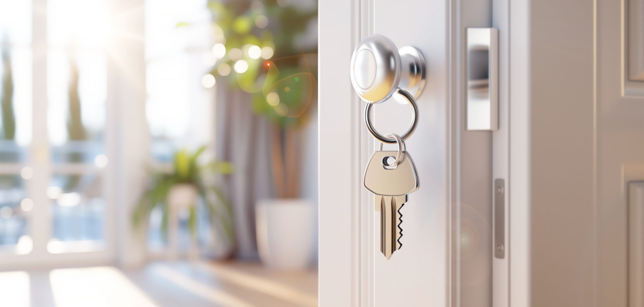 House key on a door lock with a blurred balcony in the background — symbolizing new homeownership and mortgage opportunities.