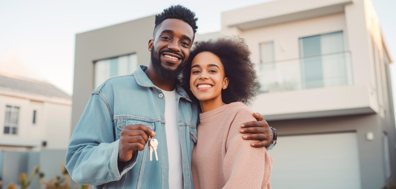 Couple holding house keys celebrating homeownership, renting vs buying in Ghana